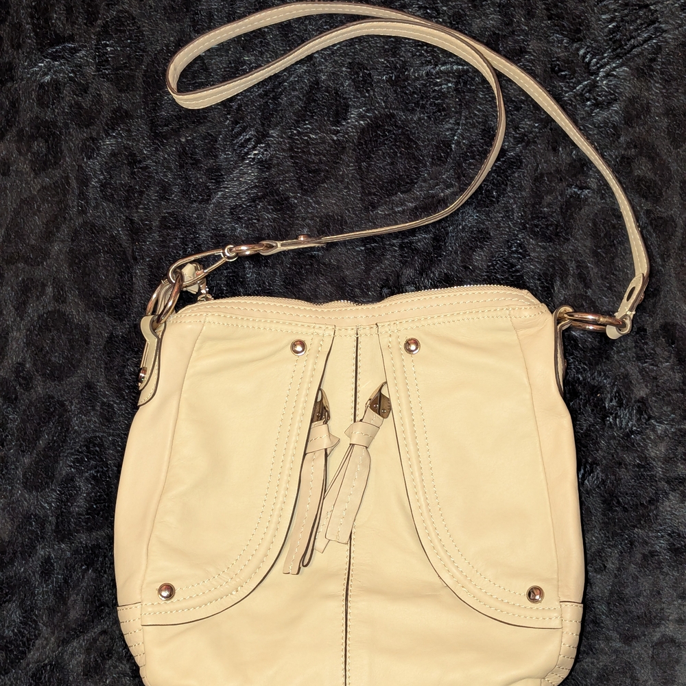 B. Makowsky Cream Crossbody Bag with Slouchy Design and Silver Hardware